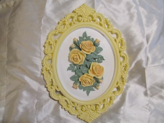 Yellow Oval WALL DECOR, Added Yellow Molded Roses, Ornate Frame, Shabby Chic Decor, Cottage Decor, Victorian, Romantic Home, Yellow Decor
