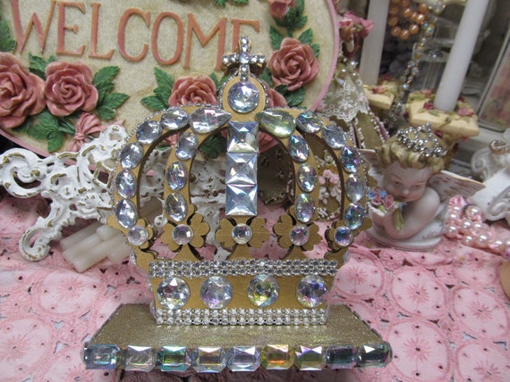 Standing Crown Decor, Wood, Embellished with Rhinestones, 2 Different Sides, Shabby Chic, Cottage, Crown Decor, French Country, Home decor