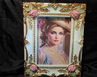 PHOTO FRAME, Aqua Blue, Gold Ornate Details, Pink Roses, Hand Molded, 5"X7"Photo, Shabby Chic Decor, Cottage Chic, Romantic Home Decor