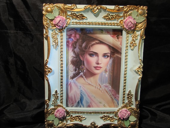 PHOTO FRAME, Aqua Blue, Gold Ornate Details, Pink Roses, Hand Molded, 5"X7"Photo, Shabby Chic Decor, Cottage Chic, Romantic Home Decor