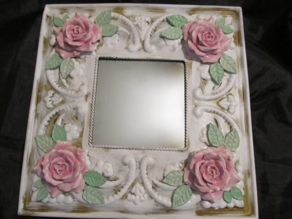 White Metal WALL MIRROR, Square Mirror, Wall Decor, Pink Molded Roses, Distressed, Hand Painted, Shabby Chic, Cottage, Pink Rose Decor,