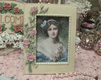 Ivory Tabletop PHOTO FRAME Resin, featuring Pink Roses, 5x7 photo, Shabby Chic, Cottage Chic, Romantic Home Decor