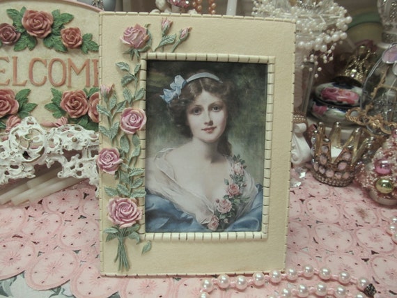 Ivory Tabletop PHOTO FRAME Resin, featuring Pink Roses, 5x7 photo, Shabby Chic, Cottage Chic, Romantic Home Decor