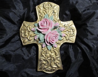Gold Ornate  WALL CROSS Wall Decor, Added Pink Molded Rose, Resin, Shabby Chic, Cottage, Religious Home Decor, Victorian