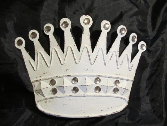 White CROWN WALL DECOR, Distressed Patina, Metal, 17 Rhinestones, Shabby Chic, Cottage Chic, Romantic Home Decor, White Chic Decor, French