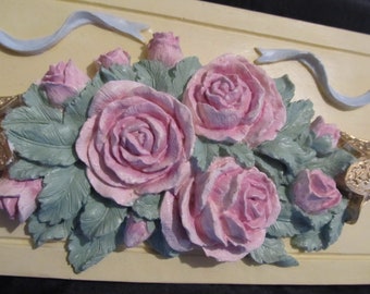 Pink Rose WALL DECOR, Heavy Cast Plaster, Ivory, Hand Molded & Painted, Shabby Chic, Cottage, Victorian, French Pink Rose Decor