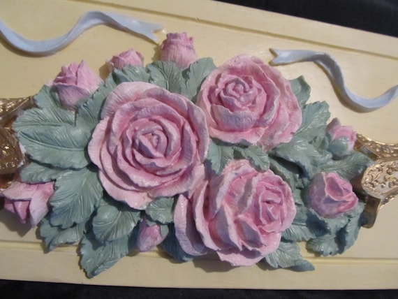 Pink Rose WALL DECOR, Heavy Cast Plaster, Ivory, Hand Molded & Painted, Shabby Chic, Cottage, Victorian, French Pink Rose Decor