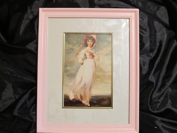 Vintage Framed "Pinkie" Print, Wall Decor, Pink Wooden Frame, Moire Matte, Gold Edge, Shabby Chic, Cottage