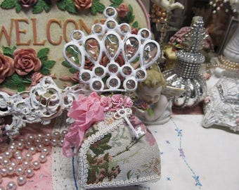 Shabby Chic DECOR BOTTLE with White Metal & Crystal Crown Top, Tapestry Covered, Braiding, Pink Paper Roses, White Key, Cottage, Home Decor