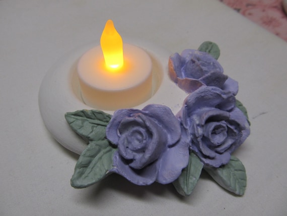 White TEALIGHT CANDLEHOLDER with Lavender Roses, Hand Molded and Hand Painted. LED Candle, Shabby Chic, Cottage, Romantic Floral Home Decor