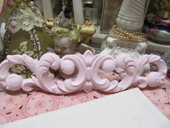 Pink Ornate WALL PEDIMENT, Wall Decor, Lightweight Resin, Pale Pink Chalk Paint, Frame Topper, Shabby Chic, Cottage Decor, Victorian