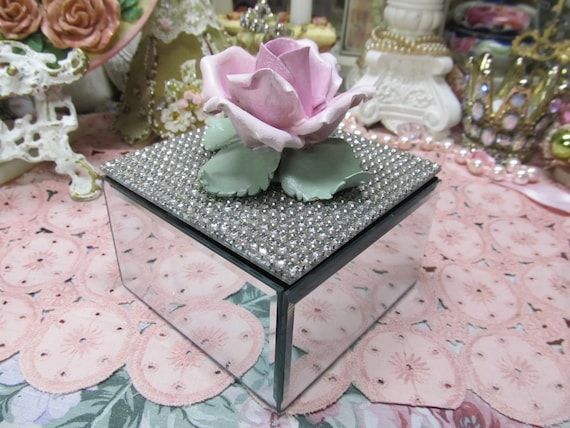 Mirrored TRINKET BOX with HP Porcelain Rose, Beveled Mirrors, Rhinestone Lid, Hollywood Regency, Elegant, Chic, Shabby Chic, Bling,