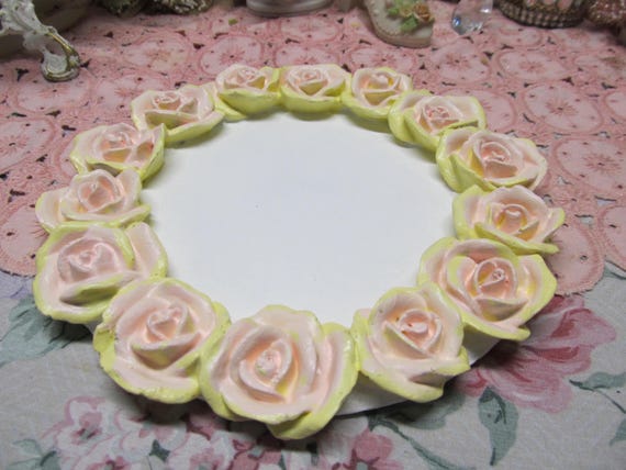 Yellow Rose CANDLE PLATE/ Vanity Tray, Hand Molded and Hand Painted, Shabby Chic, Victorian, Cottage, Home Decor