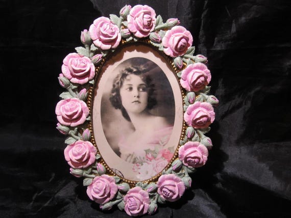 Pink Roses Oval PHOTO FRAME, 4" x 6", Thick Resin, Hand Painted, Shabby Chic, Cottage, Pink Decor