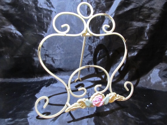 White PICTURE, Plate EASEL, Metal, Pink Rose, Distressed Patina, Shabby Chic, Cottage, Display Easel