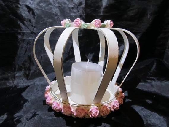 White Crown Candleholder, Metal, Pink Roses, Distressed, Candle Included, Shabby Chic, Crown Collection