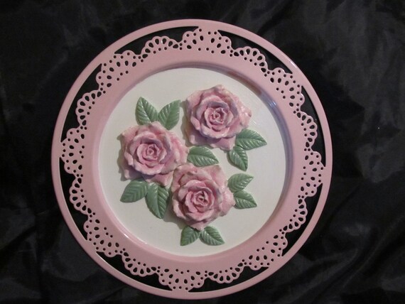 Pink WALL DECOR, Added Pink Molded Roses, Metal Glossy Round Frame, Lacey Design, Shabby Chic Decor, Cottage, Victorian, Pink Room Decor