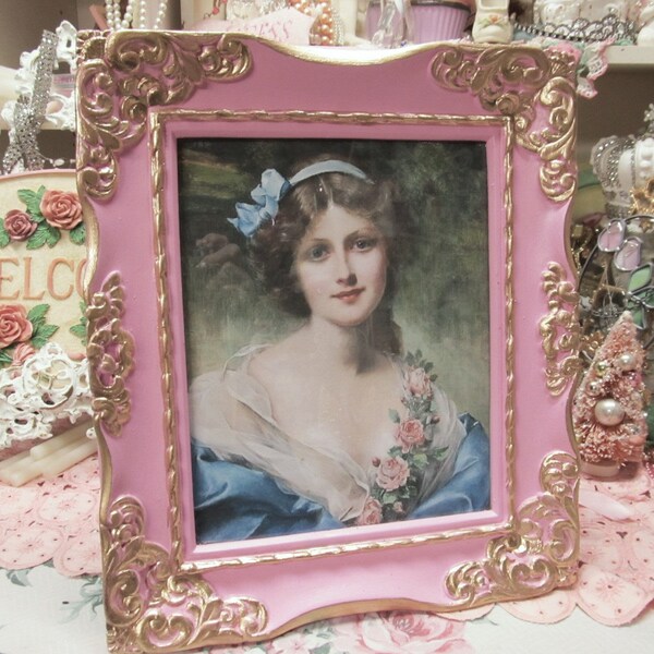 Large Rose Pink & Gold Ornate Photo Frame, 8x10 Photo, Hand Painted, Heavy Resin, Shabby Chic, Cottage, Victorian, Romantic Home Decor