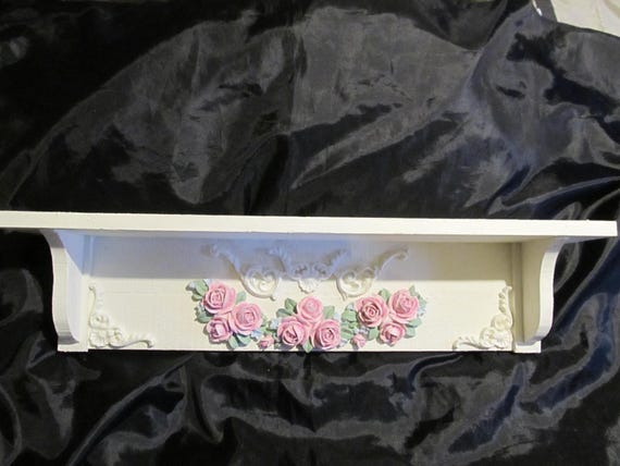 White WALL SHELF, Wood, Pink Roses, Ornate Designs, Shabby Chic, Cottage, French Country, Victorian
