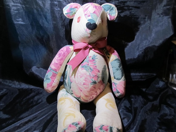Stuffed Bear, Handmade with Vintage Floral Material, Button Eyes, Children, Home Decor
