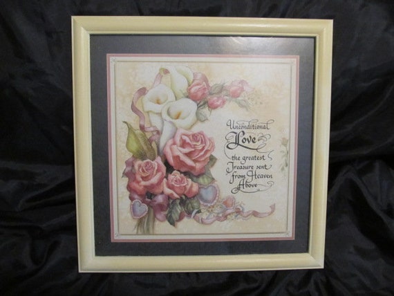 Unconditional Love Framed Wall Print Wall Decor Ivory White Wooden Frame Home Interiors Beautiful Florals Shabby Chic Cottage Decor