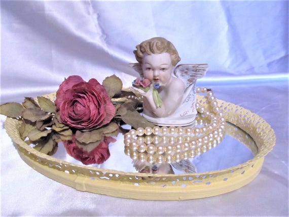 Shabby Chic OVAL VANITY TRAY, Butter Yellow, Vintage, Mirrored, Metal Frame, Filigree Design, Cottage Chic Decor, Romantic Home Decor