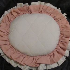 Oval Gray DECOR PILLOW, Gray and Pink Ruffled Edge, 15&quot; x 13&quot; Oval with 4&quot; & 2-1/2&quot; Ruffles, Shabby Chic, Cottage, Victorian, Decor Pillow