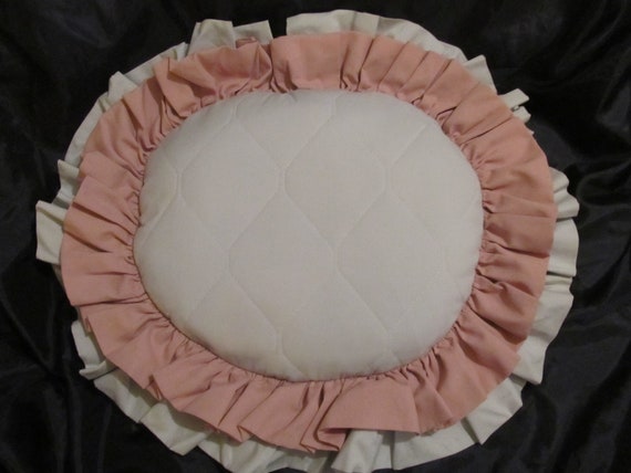 Oval Gray DECOR PILLOW, Gray and Pink Ruffled Edge, 15" x 13" Oval with 4" & 2-1/2" Ruffles, Shabby Chic, Cottage, Victorian, Decor Pillow