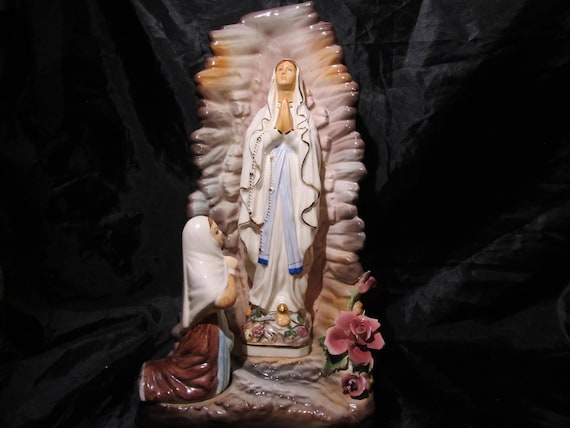 Vintage "Our Lady of Lourdes" Grotto Statue, Bernadette, Ceramic, Made in Italy, Religious Home Decor