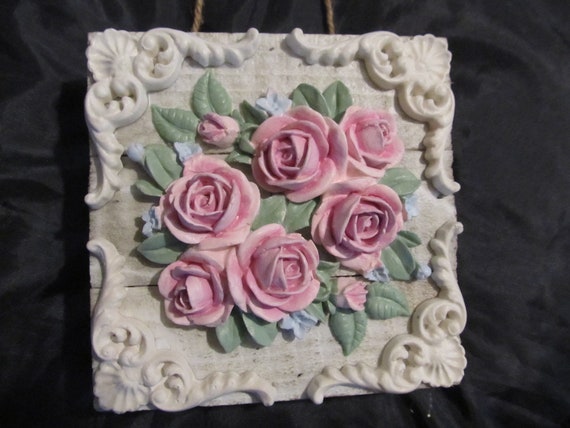 White Wood WALL DECOR, Added Pink Molded Roses, Ornate Corners, Distressed, Shabby Chic Decor, Cottage Decor, Victorian, Romantic Home
