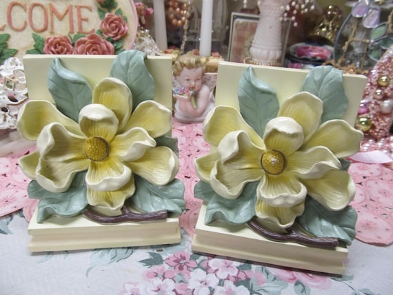 Ivory BOOK ENDS, Magnolias, Heavy Resin Material, Hand Painted, Sealed, Cottage Decor, Victorian, Magnolia Decor, Shabby Chic Decor