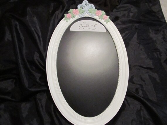 White Oval Frame on CHALKBOARD, Pink Roses on Top, Resin, Oval Shape, Shabby Chic, Cottage, Pink Rose Decor, Romantic Home Decor