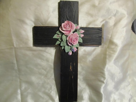 Black WALL CROSS, Wall Decor, Wood, Distressed, Pink Rose Center, Shabby Chic, Cottage, Religious Home Decor