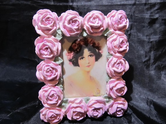 Hand-Painted Pink Roses Resin Photo Frame, Shabby Chic Cottage Decor (2.5"x3.5")