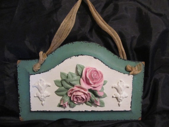 White & Aqua WALL DECOR with Molded Pink Roses, Ornate Designs, Pressed Wood, Distressed, Shabby Chic, Cottage Decor, Home Decor, Chic