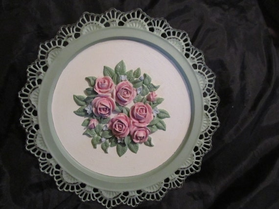 Aqua WALL DECOR, Added Pink Molded Roses, Metal Round Frame, Lacey Design, Shabby Chic Decor, Cottage, Victorian, Pink Rose Decor