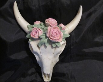 White Animal Skull with Pink Roses, WALL DECOR, Halloween Decor, Pink Rose Halloween, Skull Decor, Shabby Chic Halloween