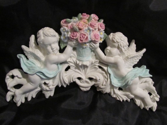 White CHERUB PEDIMENT with Pink Rose Basket, Hand Molded and Painted, Topper, Shabby Chic, Cottage, Putti, Victorian, Romantic Home Decor