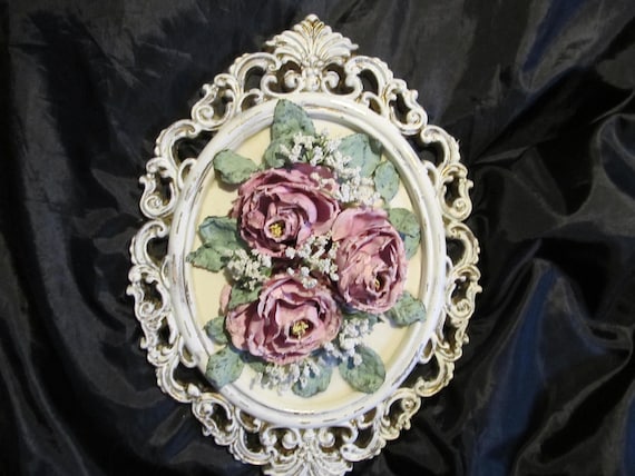White Oval WALL DECOR, Pink Roses, Ornate Frame, Distressed, Cottage, Victorian, Romantic Home