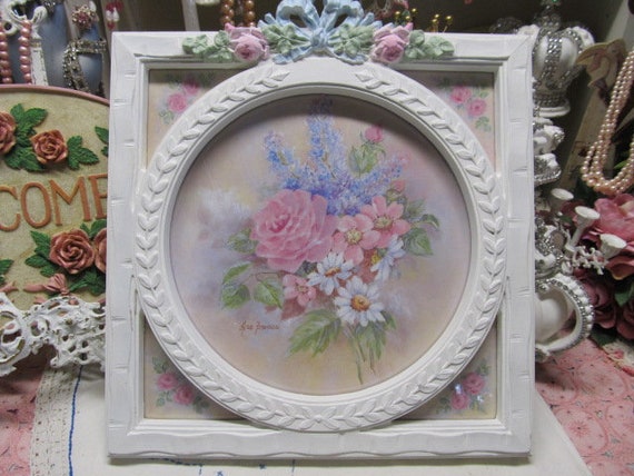 Rose Bouquet Wall Decor, White Frame, Pink Roses Bouquet, Shabby Chic, Cottage, Victorian