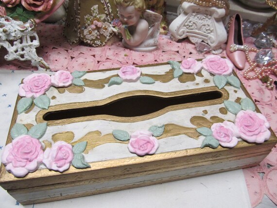 Vintage TISSUE BOX COVER, Italian, Wood, Pink Molded Roses, Hinged Lid, Shabby Chic, Cottage, Floral , Pink Rose Decor, Home Decor