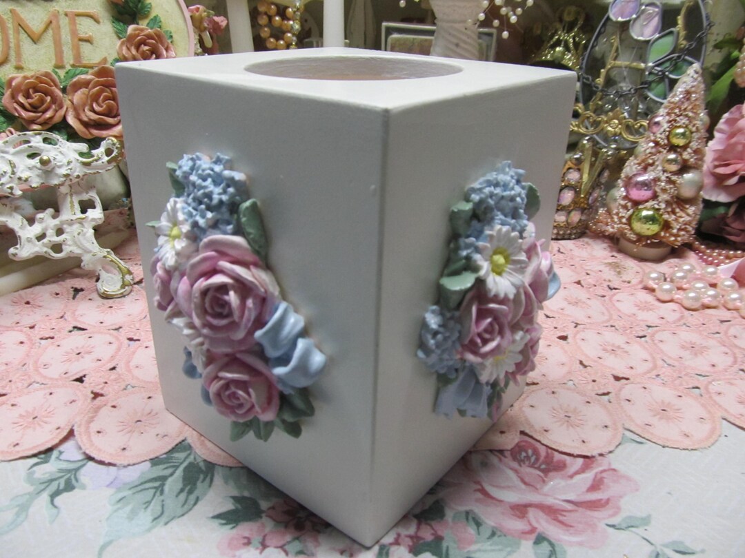 White Tissue Box Cover With Pink Rose Bouquets on Sides, Wood, Shabby ...