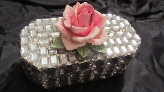 White Storage BOX, Embellished with Clear Acrylic Rhinestones, Wood,  1 Hand Made & Hand Painted Rose, Shabby Chic, Bling, Home Decor