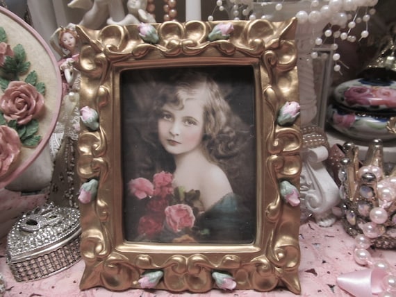 Gold Ornate Photo Frame, 5x6.5 photo, Hand Painted, 8 Pink Rosebuds, Tabletop, Shabby Chic, Cottage, Victorian, Home Decor