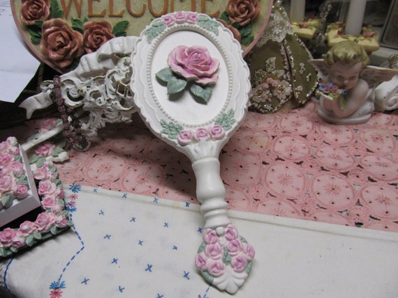 White Hand Faux Mirror with Pink Roses WALL DECOR, Hand Molded & Hand Painted, Shabby Chic, Cottage, Victorian, Bedroom/Bathroom Decor