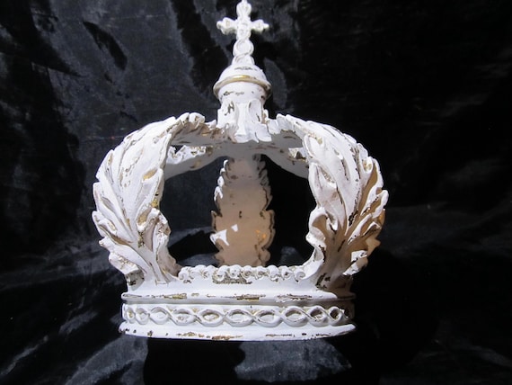 White CROWN Decor, Resin, Hand Painted, Distressed, French, Crown Collectible, Victorian, Shabby Chic