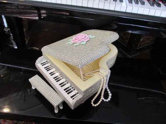 Embellished GRAND PIANO Jewelry Box, Strip Rhinestones, Hand Molded, Painted Rose, Piano Bench, Home Decor, Bling! Hollywood Regency, Chic