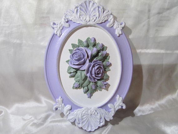Lavender Oval WALL DECOR, Lavender Molded Roses, Ornate Frame, White Hi-lights, Shabby Chic Decor, Cottage, Victorian, Lavender Room  Decor
