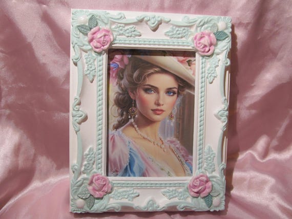 PHOTO FRAME, White, Aqua Blue Ornate Details, Pink Roses, Hand Molded, 5"X7" Photo, Shabby Chic Decor, Cottage Chic, Romantic Home Decor