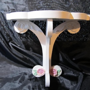 White WALL SHELF Wall Decor, Pink Molded Roses, Ornate Designs, Wood, Shabby Chic, Cottage Home Decor, Pink Rose Decor